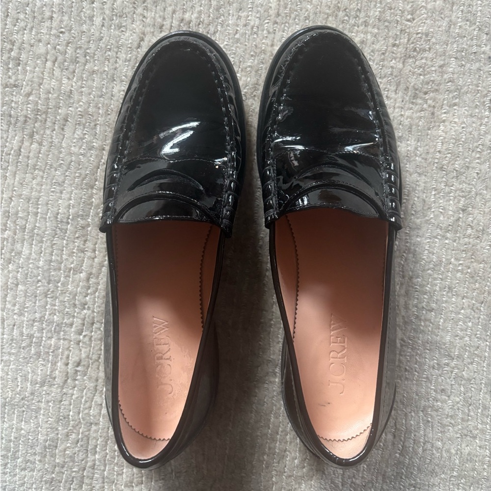 J. Crew Winona Spazzolato Leather Black Penny Loafers Patent Glossy 8.5 8
